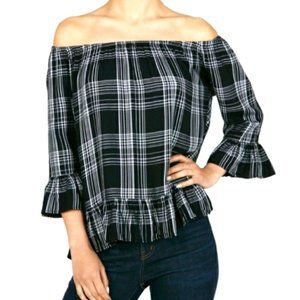 Beach Lunch Lounge Off Shoulder Black & White Plaid Ruffle Trim Top Sz S